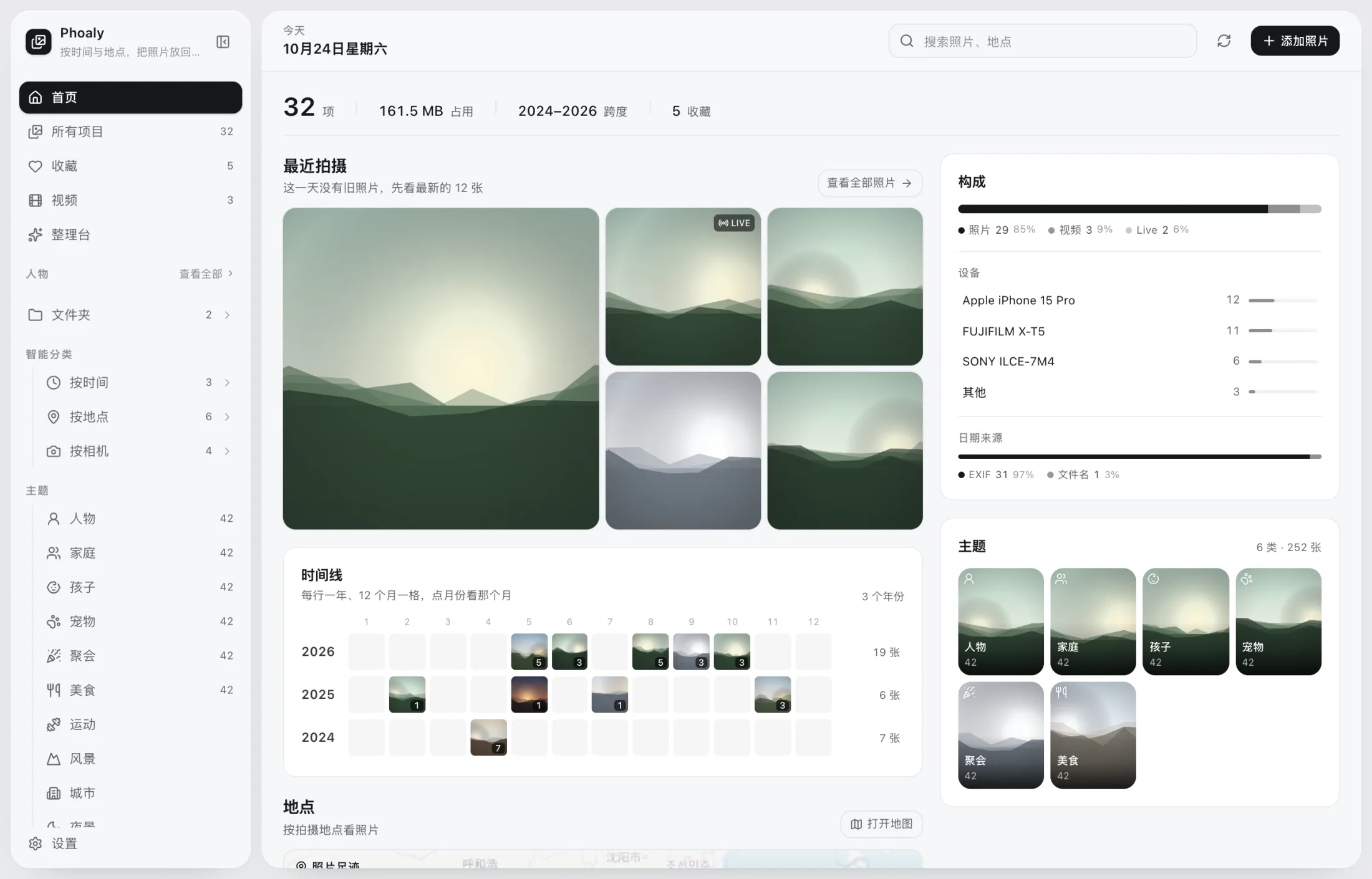 Phoaly 首页:数字带、最近拍摄、时间线、地点与构成